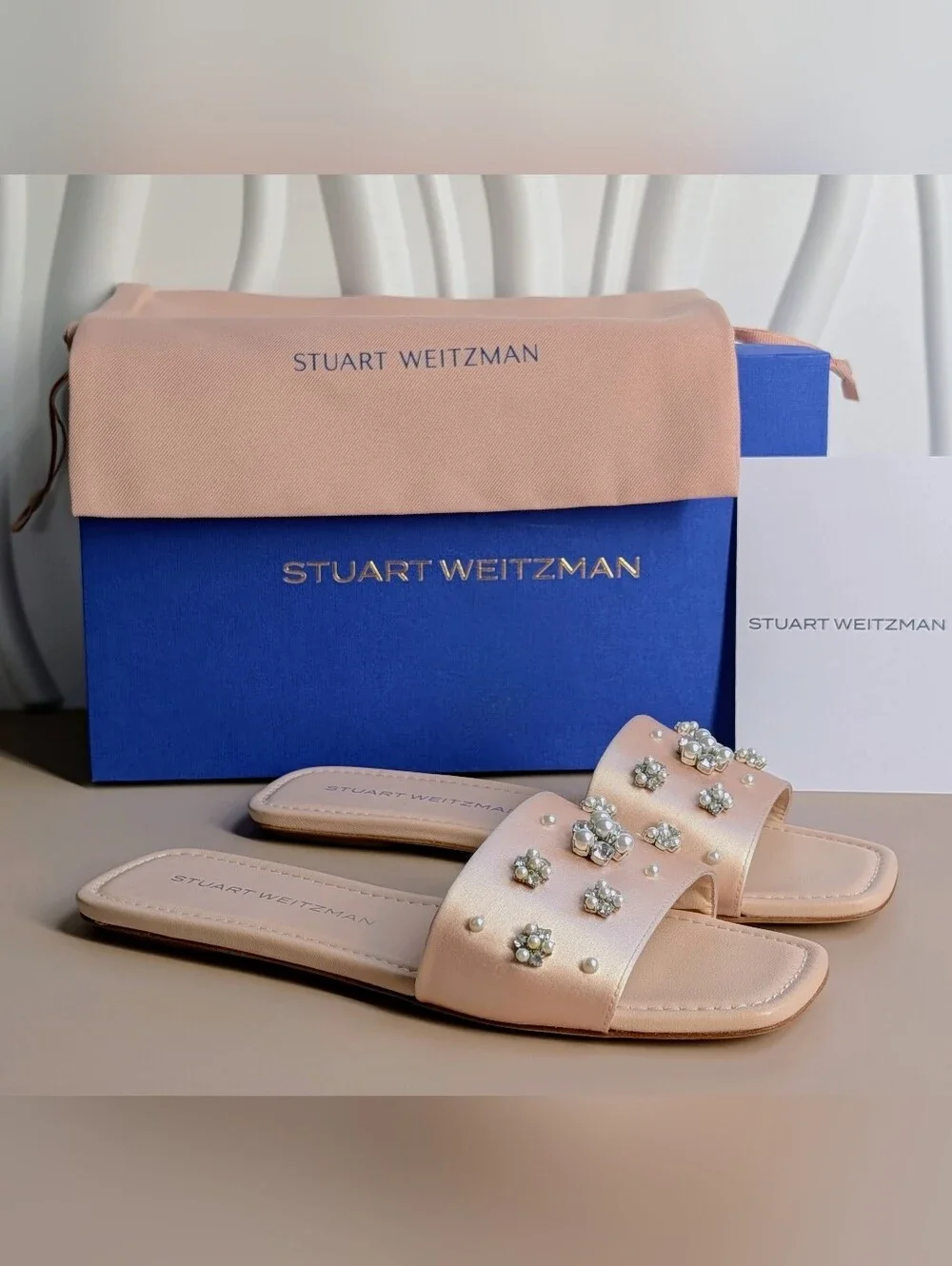 NWT Stuart Weitzman Poppy Embellished Slide Sandals Blush Pearl Crystal Size 8